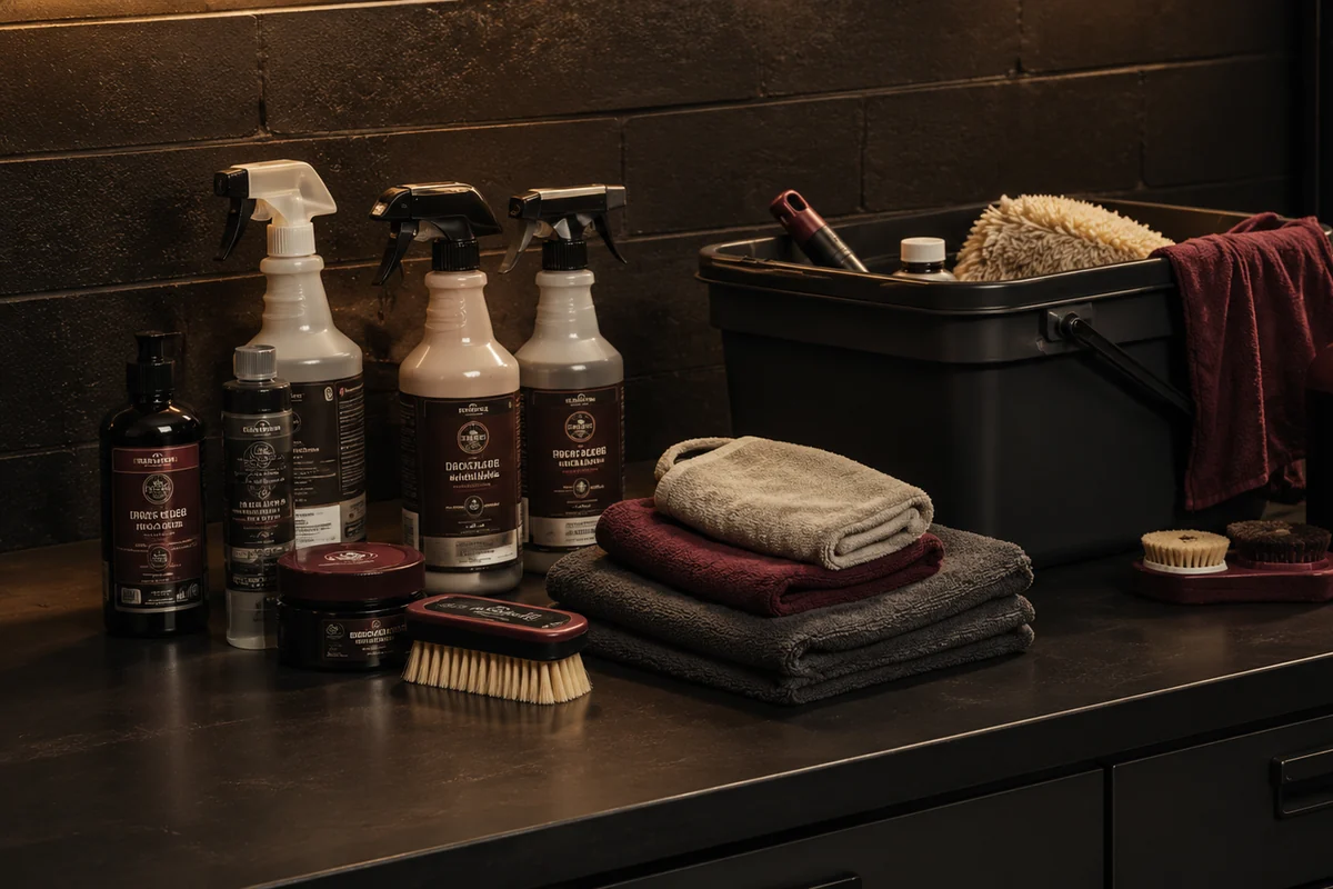 Detailing supplies, brushes, towels, and a wash bucket arranged in a shop